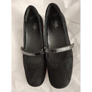 Asgi Mary Jane Shoes Womens Size 8 Black Suede Leather Strap Comfort Flats